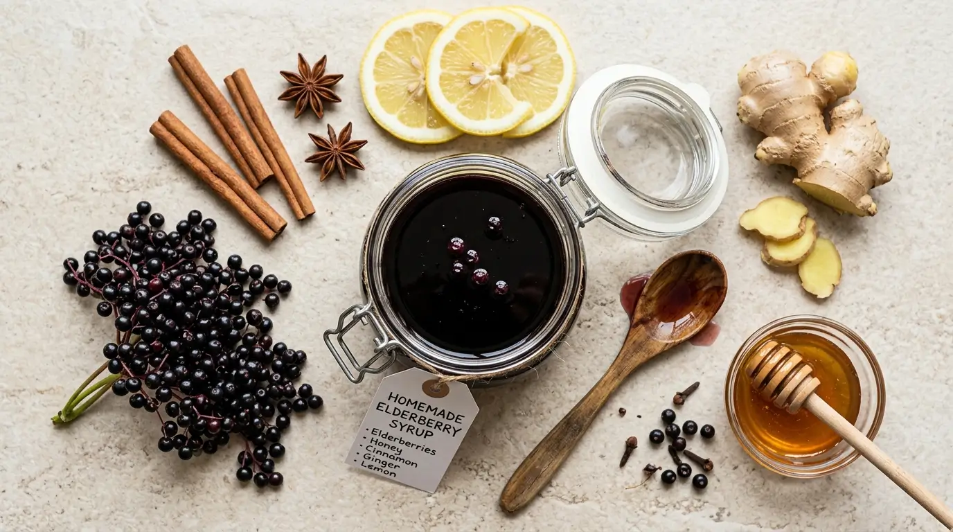 Elderberry syrup recipe dark purple homemade syrup glass jar honey cinnamon