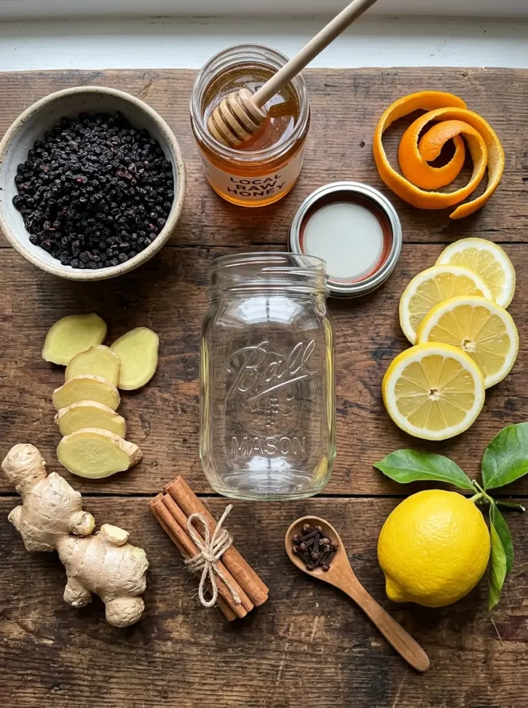 Elderberry syrup recipe ingredients dried elderberries honey ginger cinnamon cloves lemon