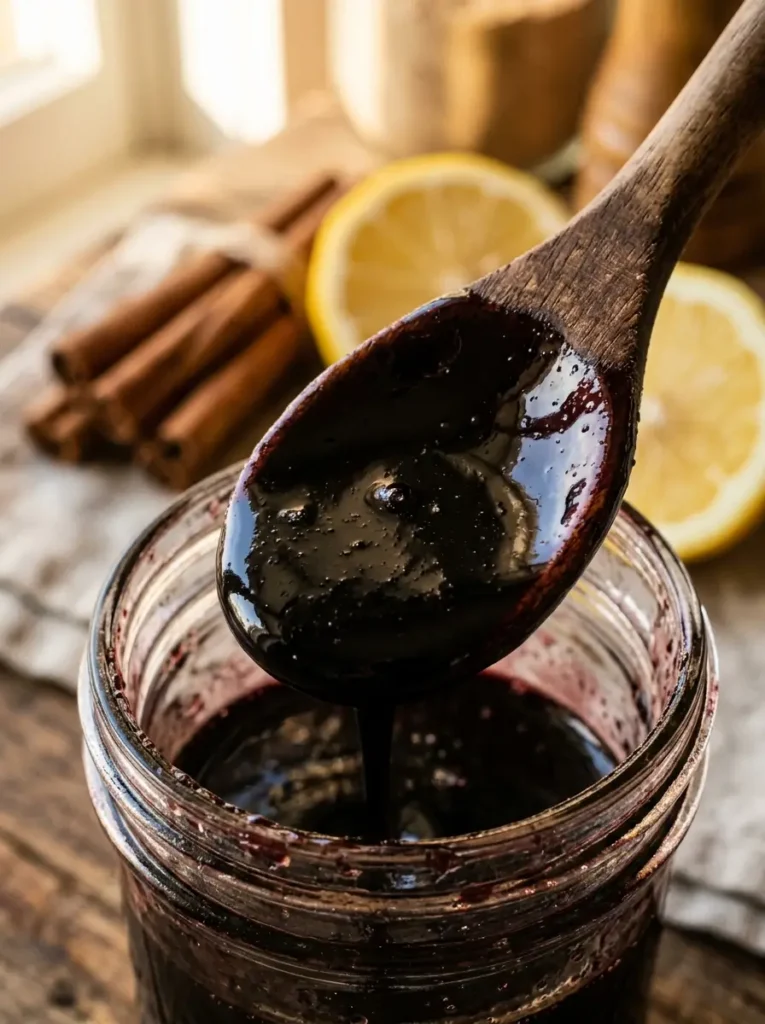 Elderberry syrup recipe spoonful dark berry syrup glass jar cinnamon lemon