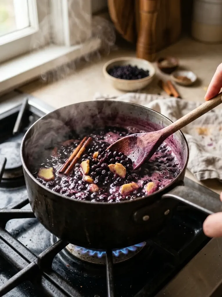Elderberry syrup recipe berries simmering with cinnamon ginger saucepan