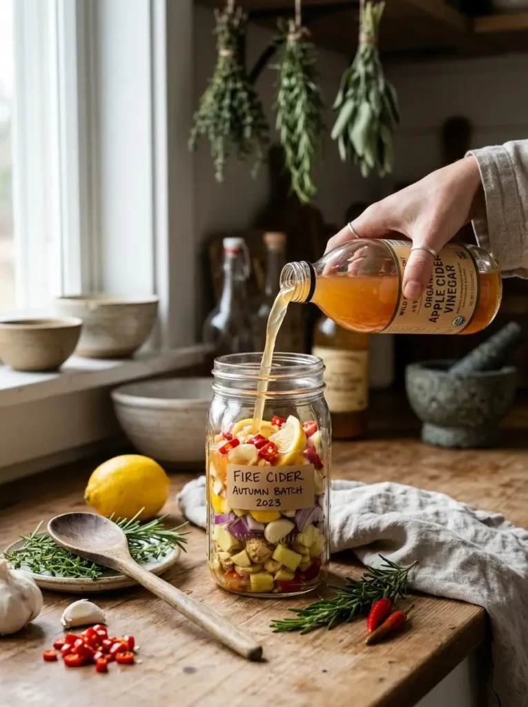 Fire cider recipe apple cider vinegar poured over ginger garlic onion chili in glass jar