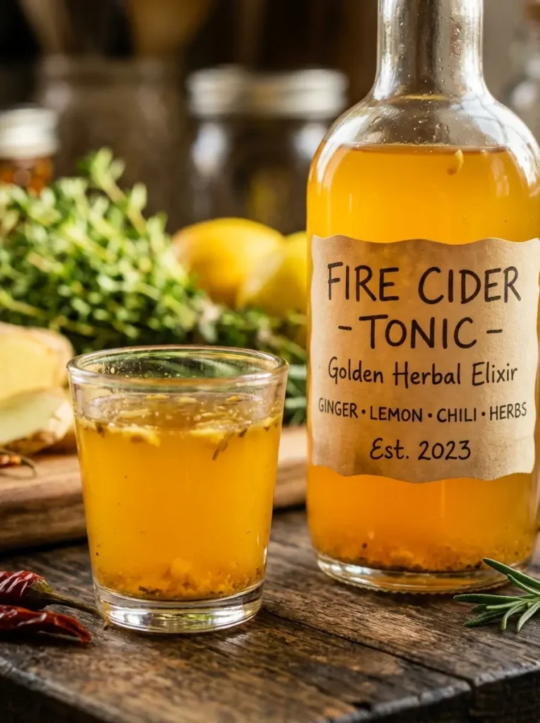 Fire cider recipe golden herbal vinegar tonic small glass ginger lemon chili