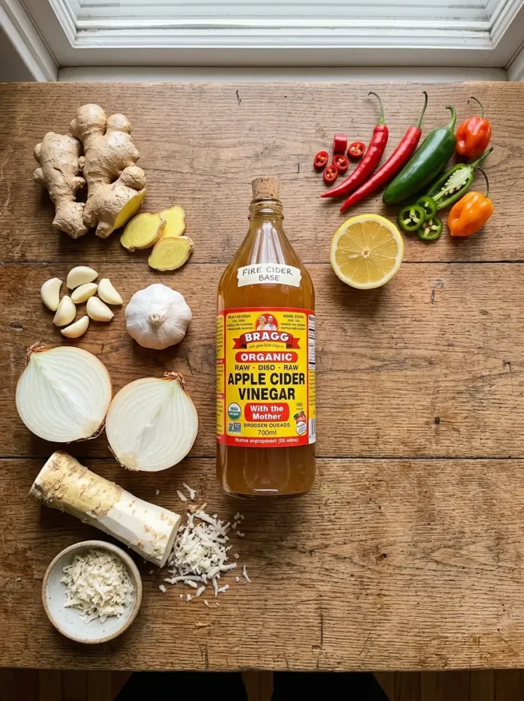 Fire cider recipe ingredients ginger garlic onion horseradish lemon chili apple cider vinegar