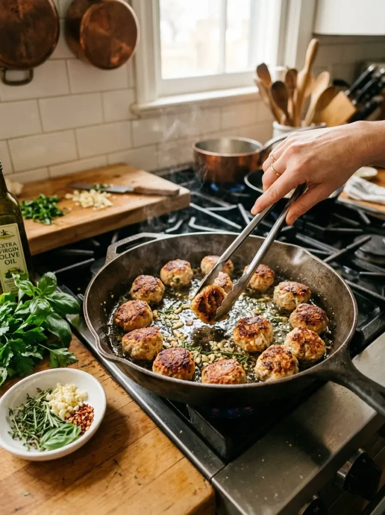 Marry Me meatballs recipe chicken meatballs browning in skillet garlic herbs action