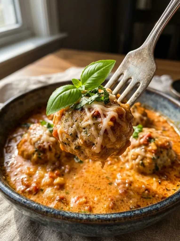 Marry Me meatballs recipe close up creamy tomato sauce basil Parmesan tender chicken meatballs