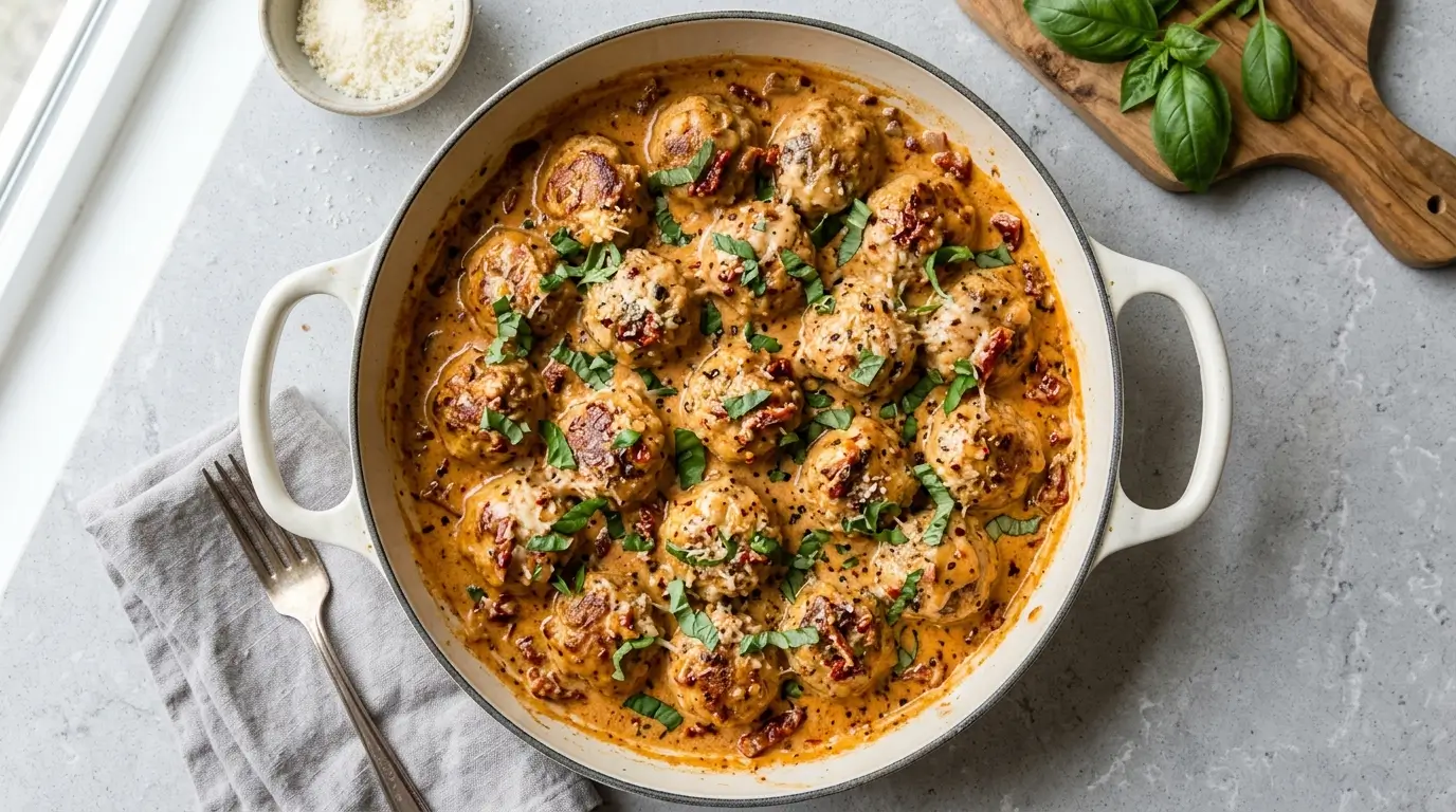 Marry Me meatballs recipe creamy sun dried tomato sauce chicken meatballs basil Parmesan skillet