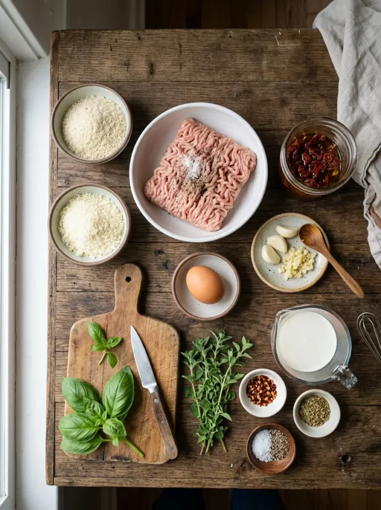 Marry Me meatballs recipe ingredients ground chicken sun dried tomatoes Parmesan cream garlic herbs