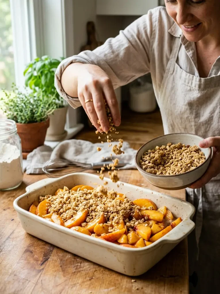 Peach crisp recipe crumble topping being scattered over peach filling baking dish action