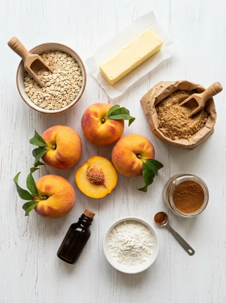 Peach crisp recipe ingredients flat lay fresh peaches oats butter brown sugar cinnamon