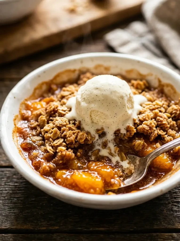 Peach crisp recipe single serving white bowl golden topping peach filling vanilla ice cream melting closeup
