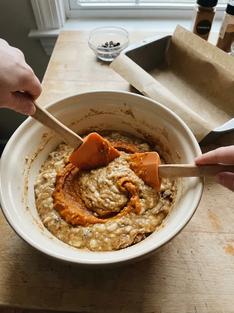 Pumpkin banana bread recipe batter mixing bowl mashed banana pumpkin puree