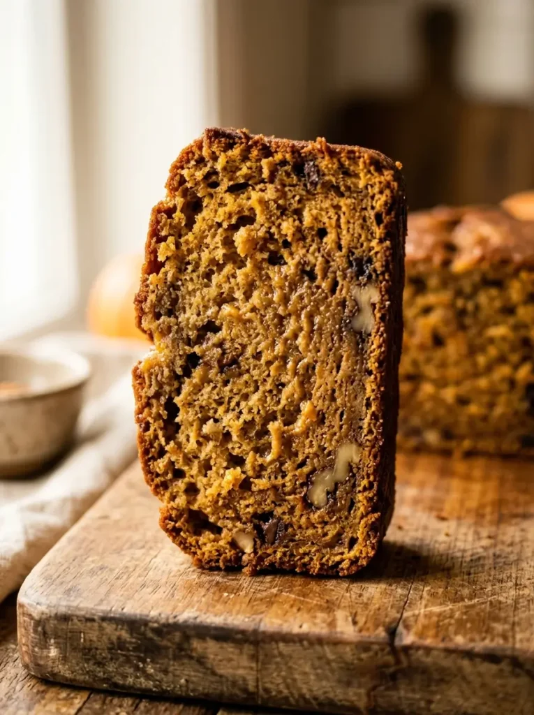 Pumpkin banana bread recipe close up moist crumb slice