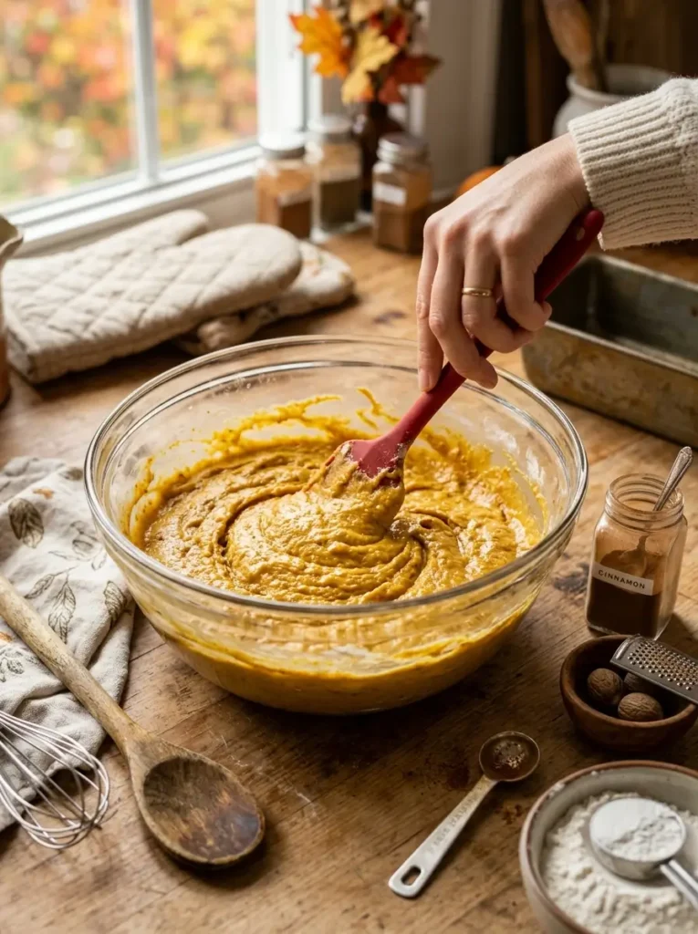 Pumpkin bread recipe pumpkin batter being mixed in glass bowl autumn baking