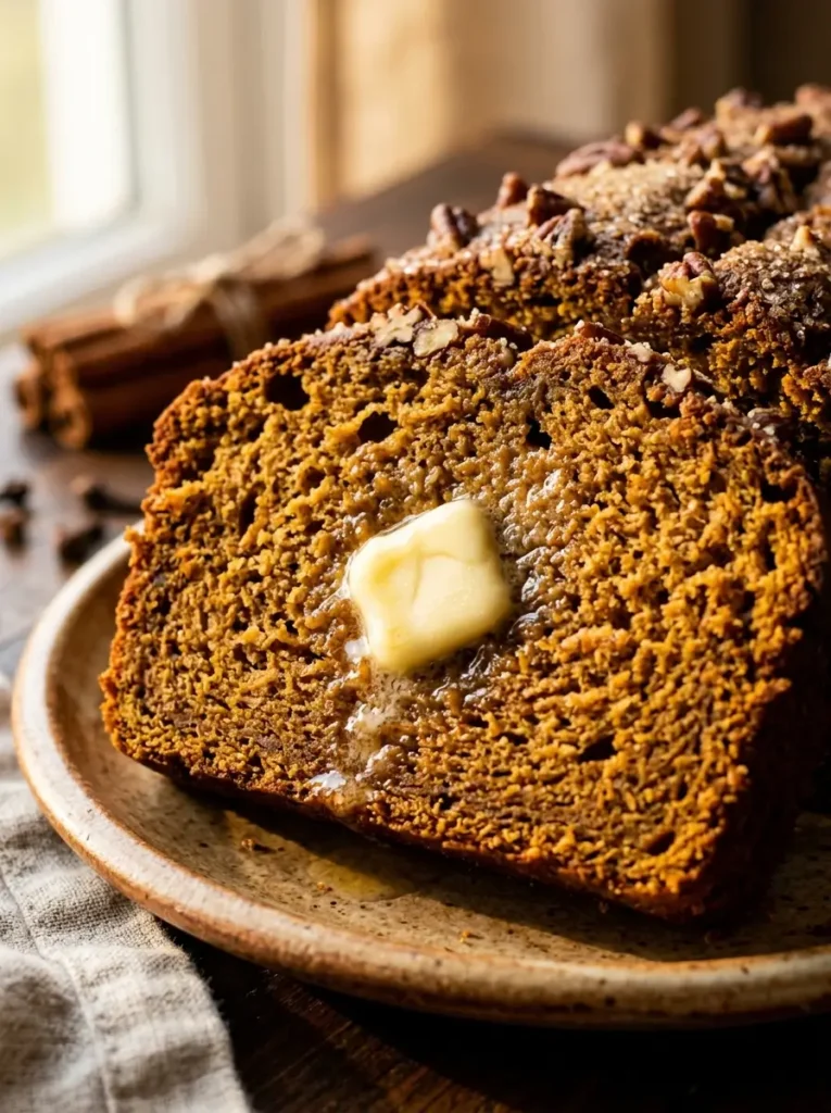 Pumpkin bread recipe close up moist spiced crumb butter slice