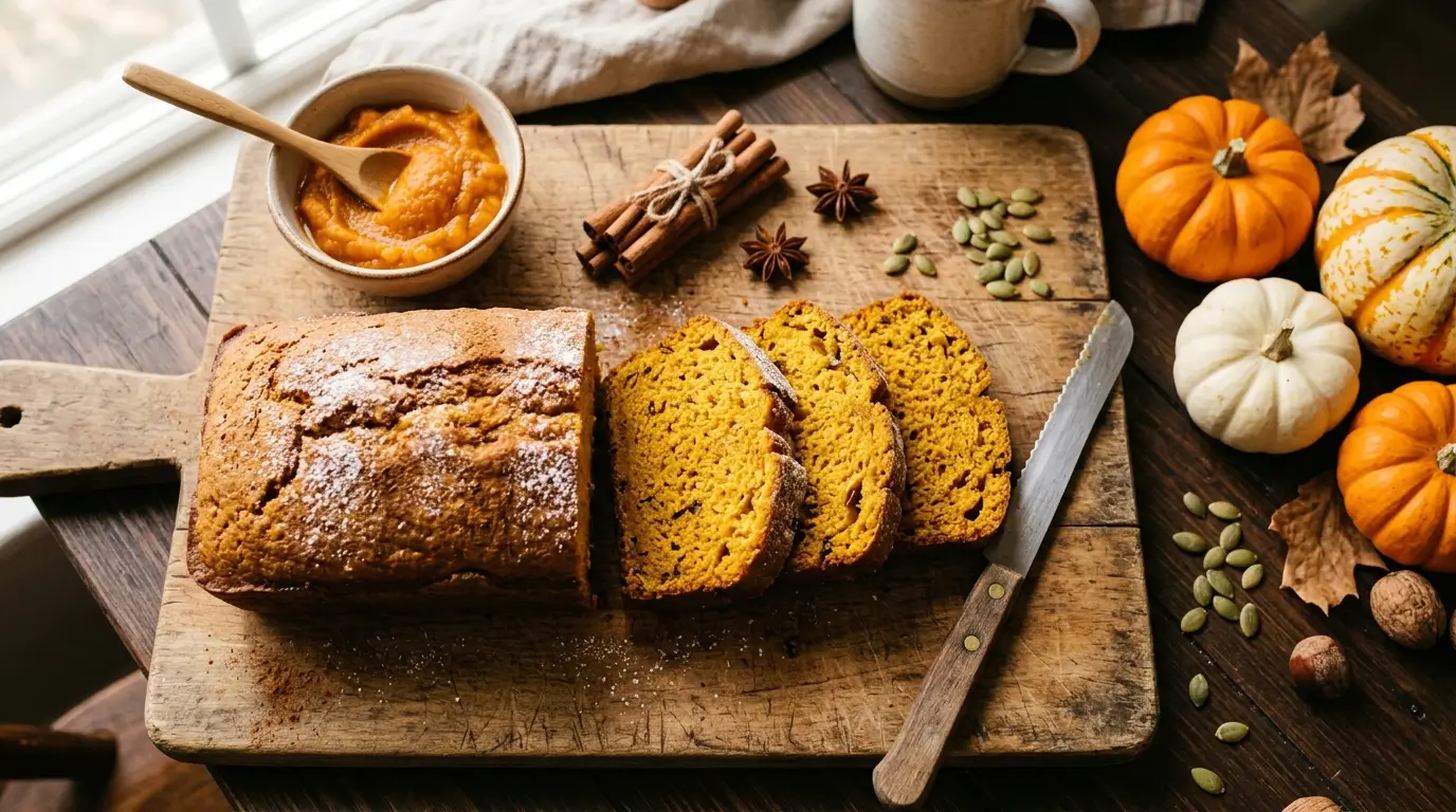 Pumpkin bread recipe sliced moist loaf cinnamon spices autumn baking board