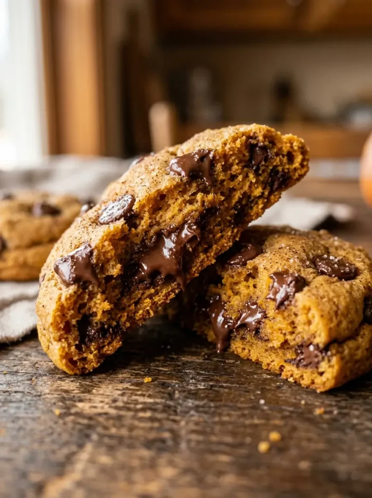 Pumpkin chocolate chip cookies recipe close up melted chocolate soft center