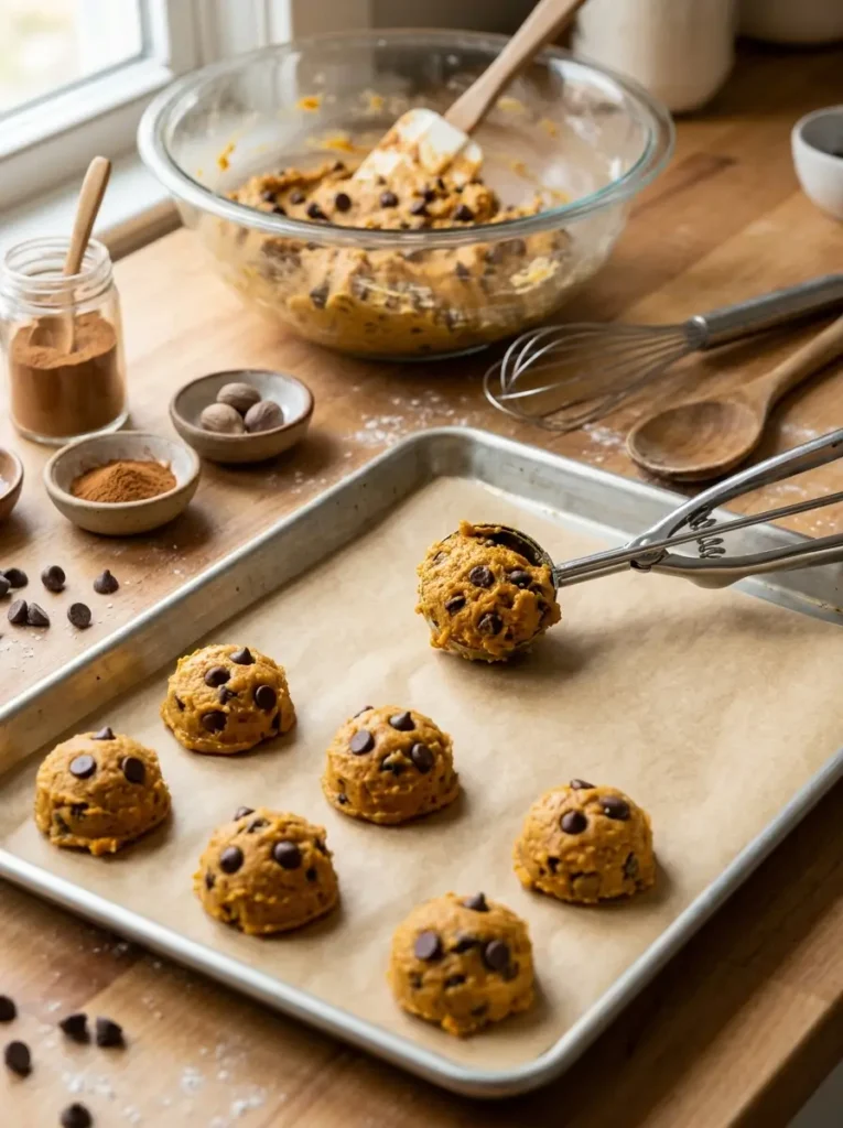 Pumpkin chocolate chip cookies recipe dough scoop chocolate chips baking sheet