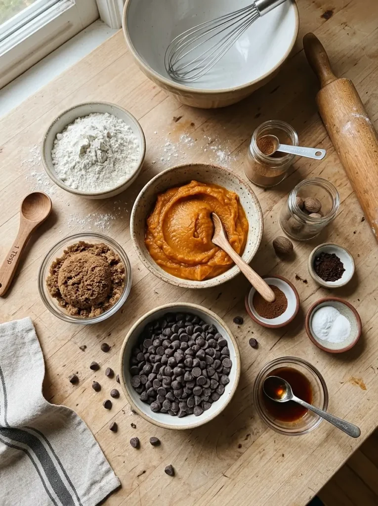 Pumpkin chocolate chip cookies recipe ingredients pumpkin puree flour chocolate chips spices