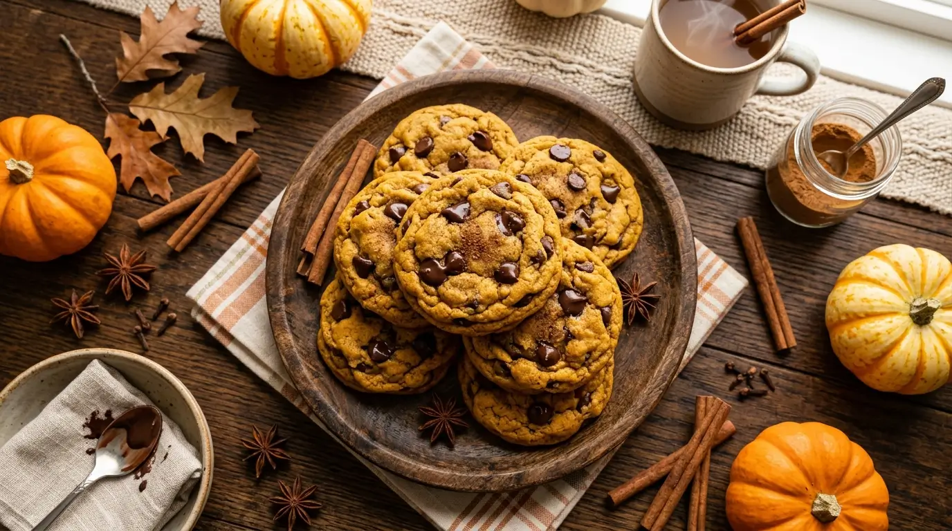 Pumpkin chocolate chip cookies recipe soft spiced fall cookies stacked plate