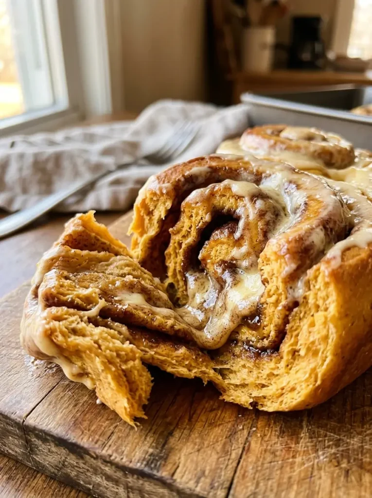 Pumpkin cinnamon rolls recipe close up cream cheese frosting swirl