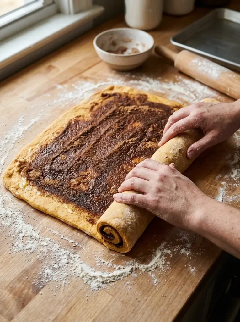 Pumpkin cinnamon rolls recipe dough rolling cinnamon sugar filling rectangle