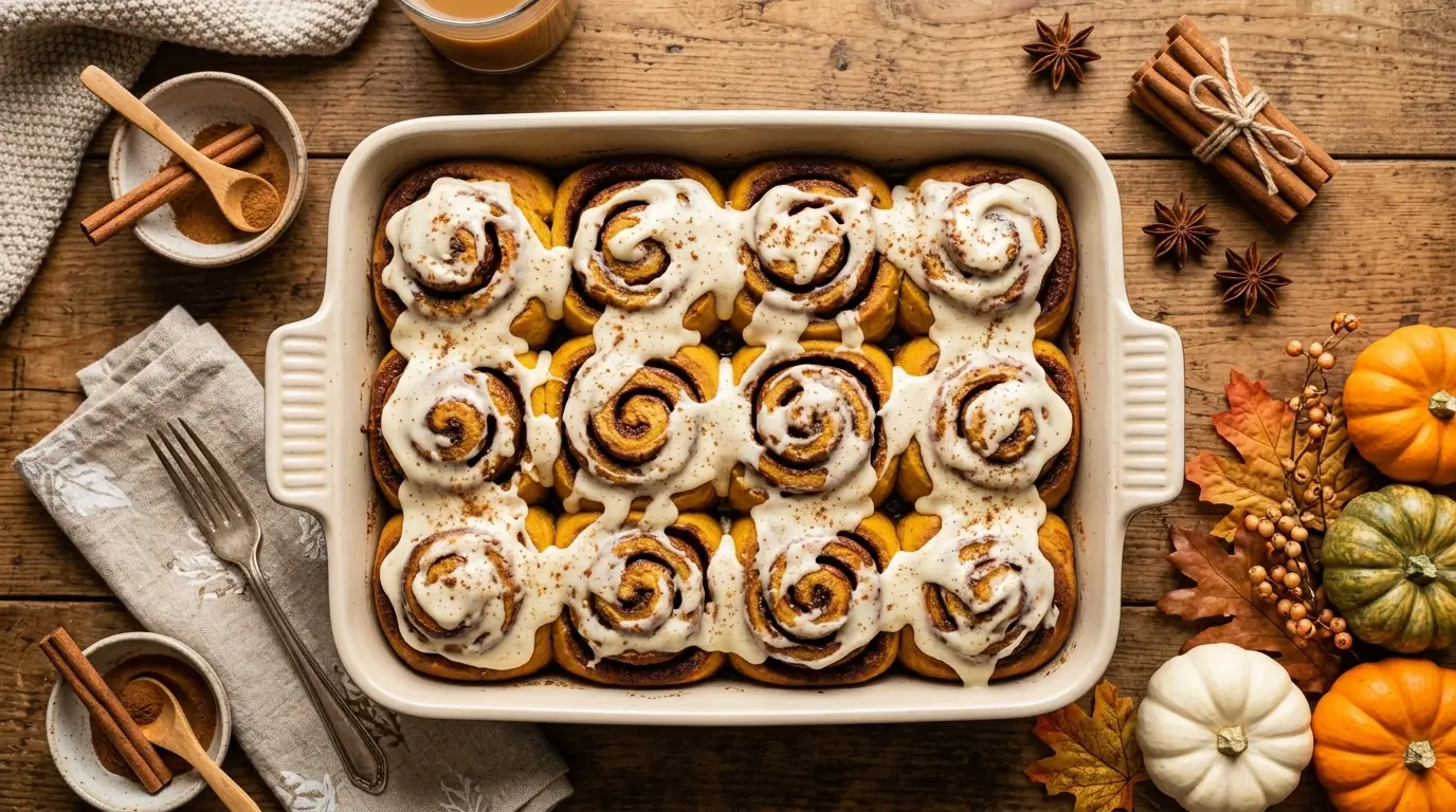 Pumpkin cinnamon rolls recipe cream cheese frosting fall breakfast baking dish