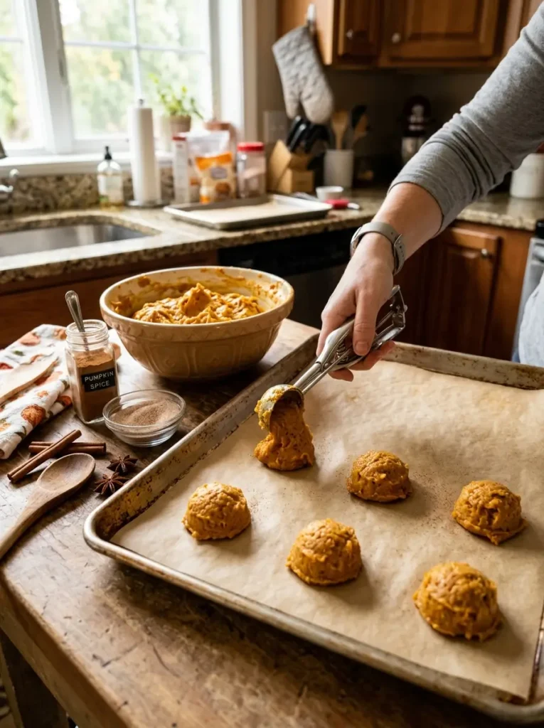 Pumpkin cookies recipe cookie dough scoop parchment baking sheet pumpkin spice