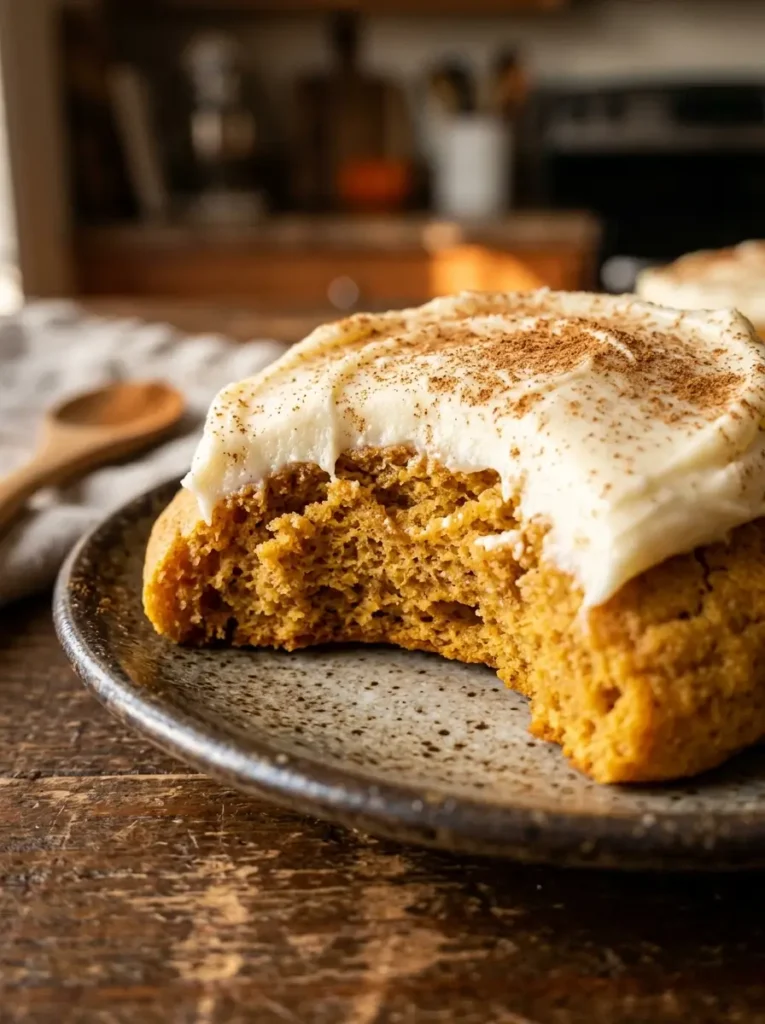 Pumpkin cookies recipe close up soft cakey center cream cheese frosting cinnamon