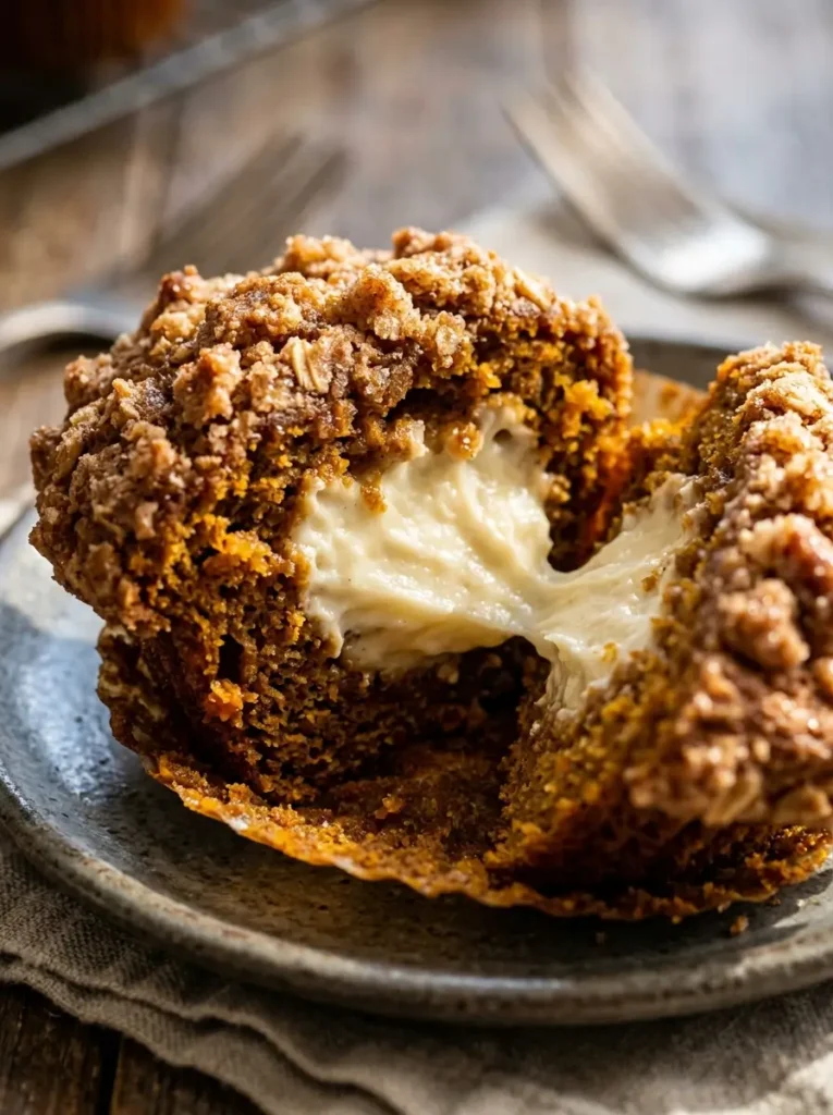 Pumpkin cream cheese muffins recipe close up cream cheese center streusel