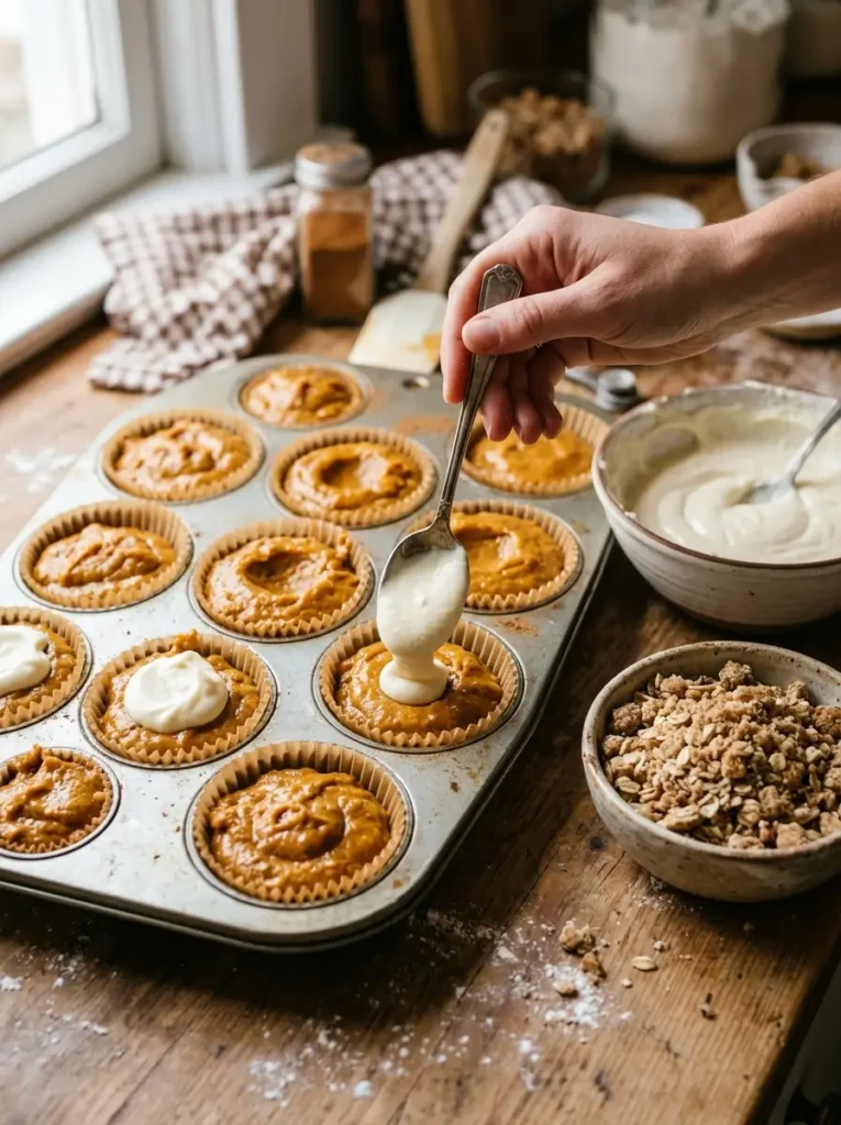 Pumpkin cream cheese muffins recipe cream cheese filling nested in batter