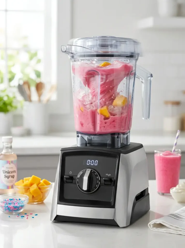 Unicorn Frappuccino recipe pink mango drink blending ice milk fruit blender action