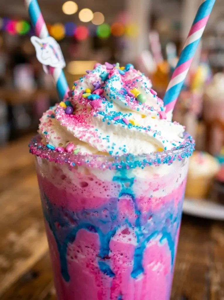 Unicorn Frappuccino recipe close up pink blue layers whipped cream colorful sprinkles