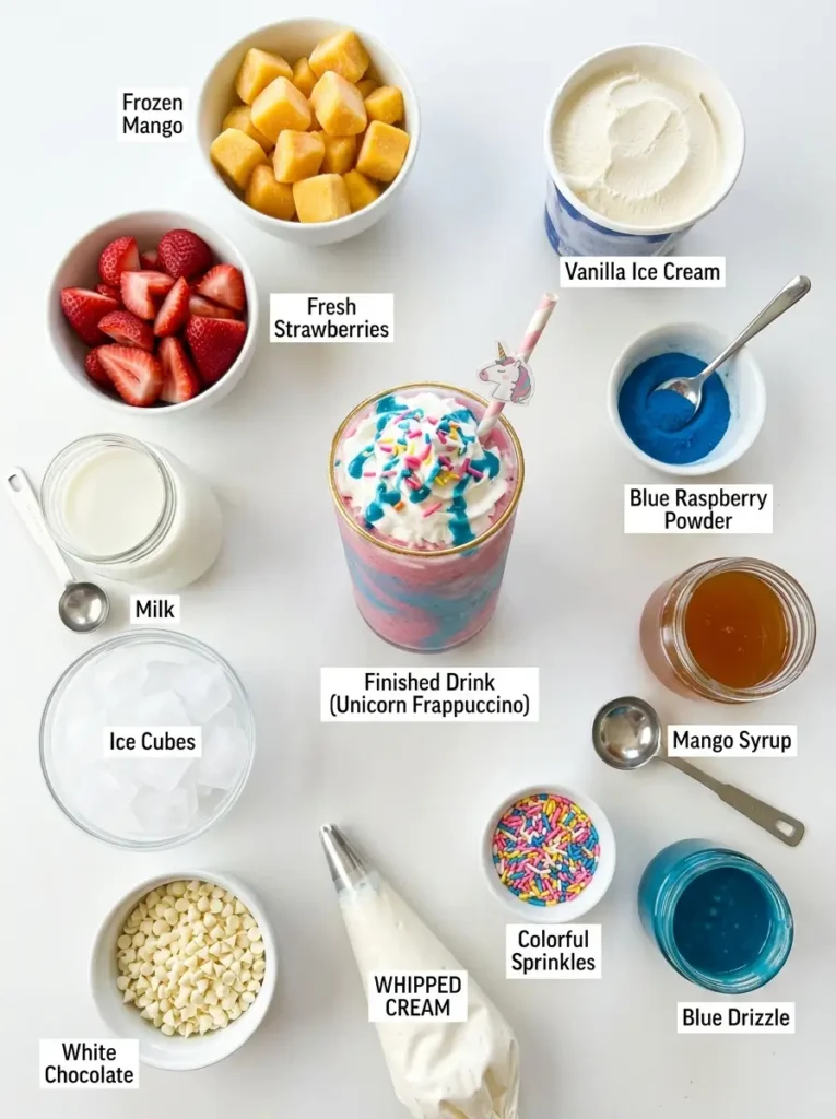 Unicorn Frappuccino recipe ingredients mango strawberries milk ice blue drizzle whipped cream