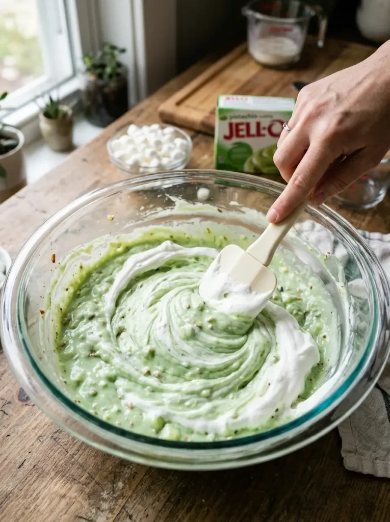 Watergate salad recipe whipped topping being folded into pistachio pineapple mixture action shot