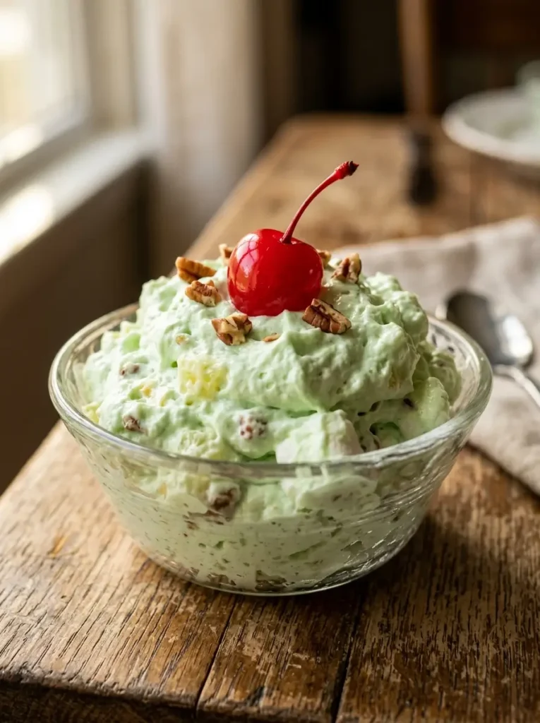 Watergate salad recipe individual serving glass bowl green fluffy texture pecan maraschino cherry garnish