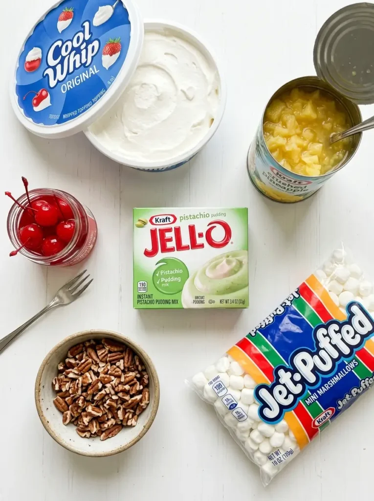 Watergate salad recipe ingredients flat lay pistachio pudding pineapple marshmallows pecans whipped topping