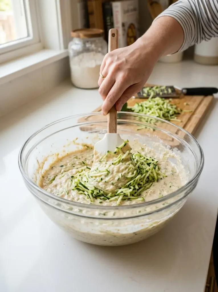 Zucchini bread recipe grated zucchini folding into batter mixing bowl action shot