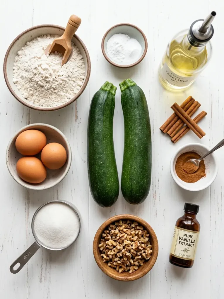 Zucchini bread recipe ingredients flat lay fresh zucchini flour eggs cinnamon walnuts oil