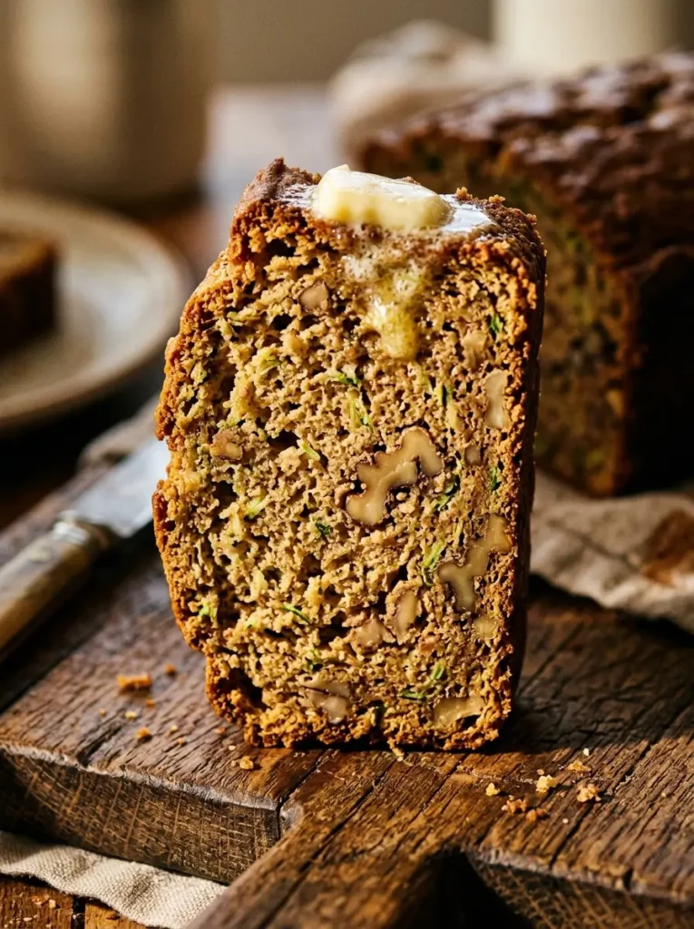 Zucchini bread recipe close up slice moist crumb walnuts butter spread